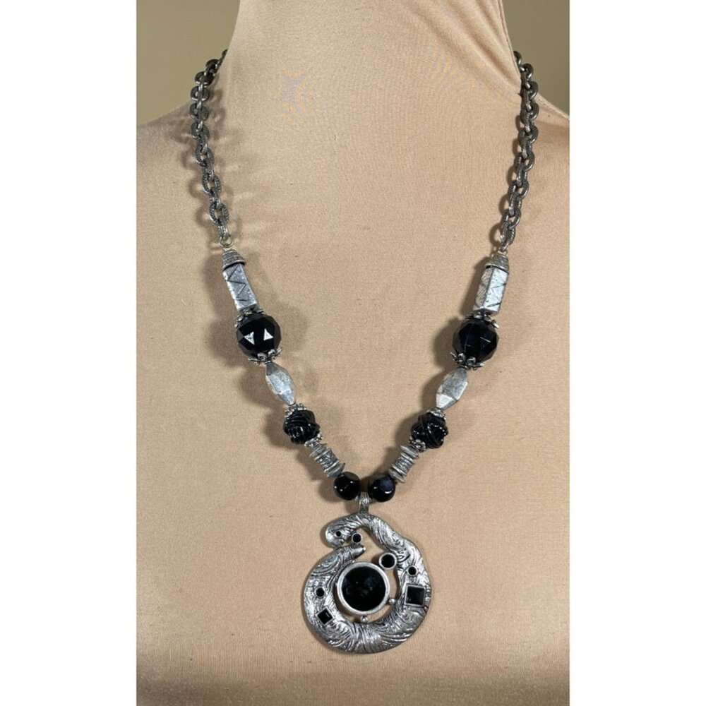 CJ Chunky Silver Tone Necklace Black Beaded Statement Long